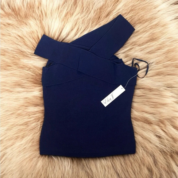 Eliza J Blue Stretch Jersey Knit Off The Shoulder Strappy Fitted Top - Picture 2 of 9